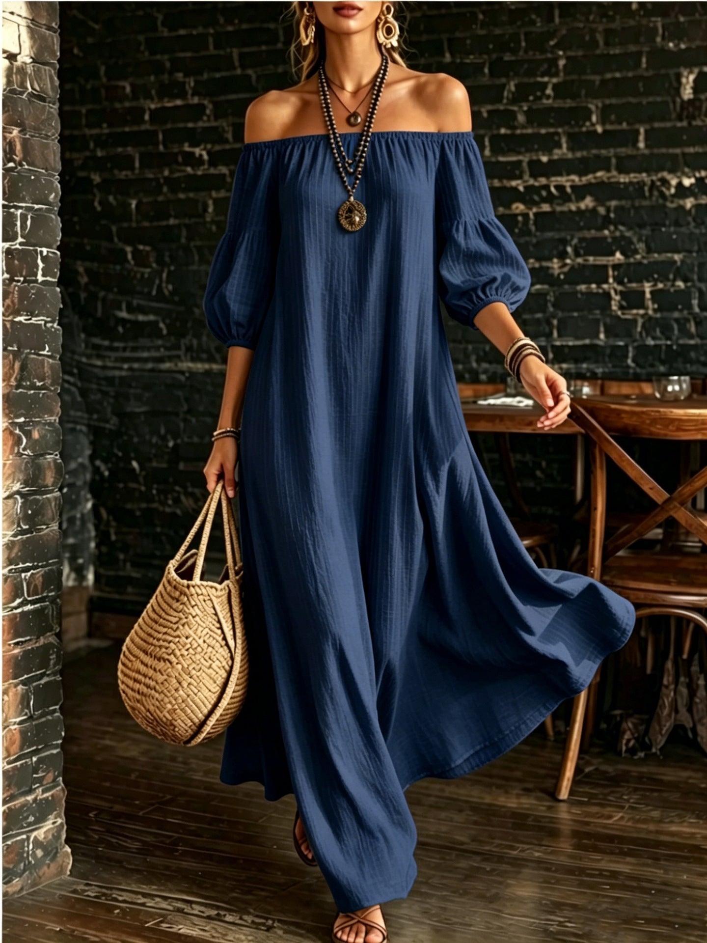 White Off‑Shoulder Balloon Sleeve Flowy Maxi Dress