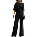 Women's Solid Boat Neck Batwing Sleeve Draped Top & Wide Leg Pants 2 Piece Jumpsuit Set