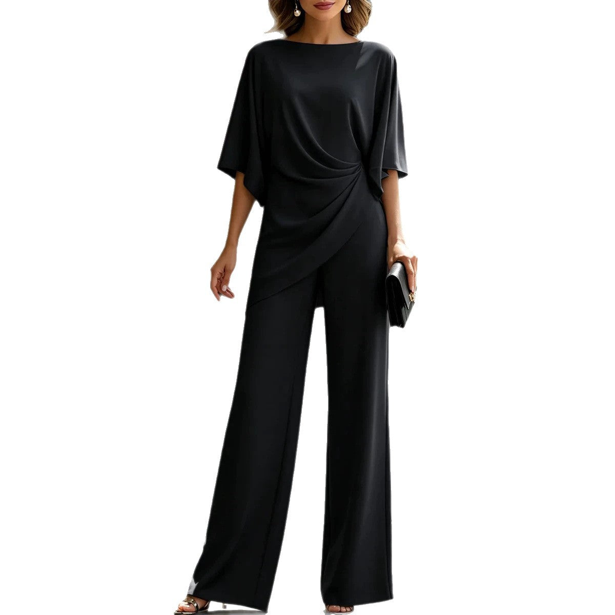 Women's Solid Boat Neck Batwing Sleeve Draped Top & Wide Leg Pants 2 Piece Jumpsuit Set