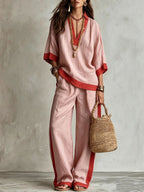 Contrast Trim Linen Two Piece Set