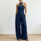 Crisscross Halter Keyhole Cutout High Waist Wide Leg Pantsuit with Pockets