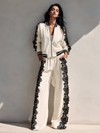 Bomber Jacket & Wide?Leg Pants Two?Piece Set with Black Lace Trim