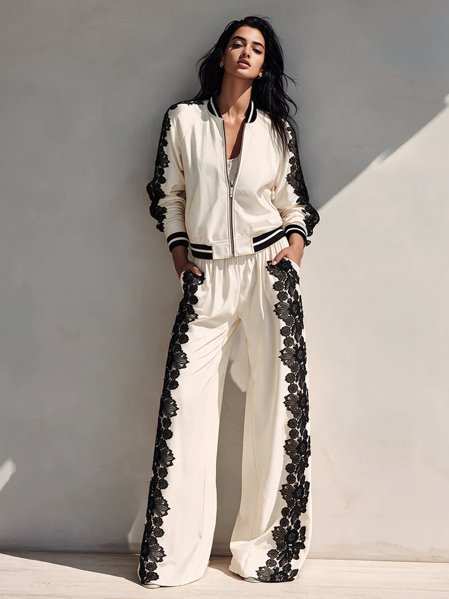 Bomber Jacket & Wide?Leg Pants Two?Piece Set with Black Lace Trim