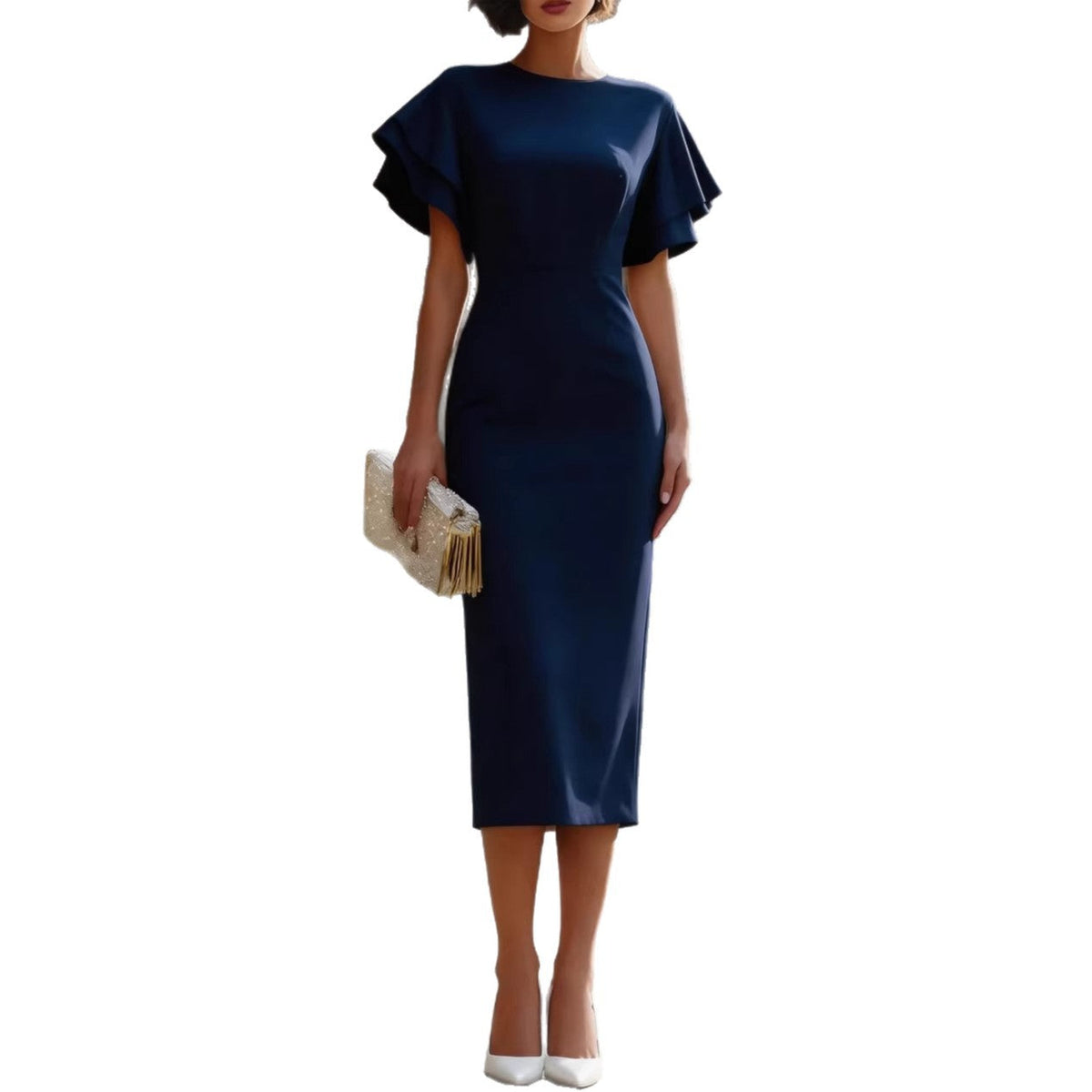 Round Neck Double?Layer Ruffle Flutter Sleeve Bodycon Midi Dress