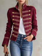 Women’s Stand Collar Double Breasted Gold Button Decor Denim Jacket