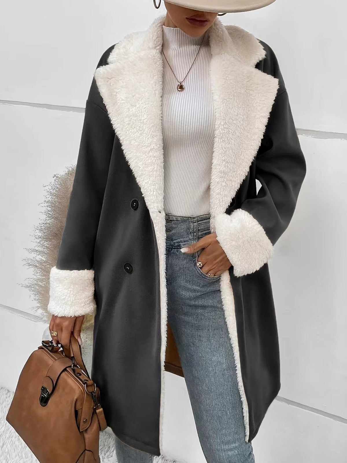 Women's Fleece Collar & Cuff Mid-Length Wool Blend Coat
