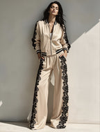 Bomber Jacket & Wide?Leg Pants Two?Piece Set with Black Lace Trim