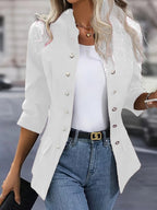 Stand Collar Decorative Metal Button Blazer Jacket, 3/4 Sleeve Slim Fit Casual Outerwear With Flap Pockets For Daily Office Wear