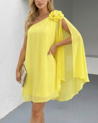 Women's Bright Yellow One Shoulder Chiffon Mini Dress with Floral Applique and Cape Sleeve