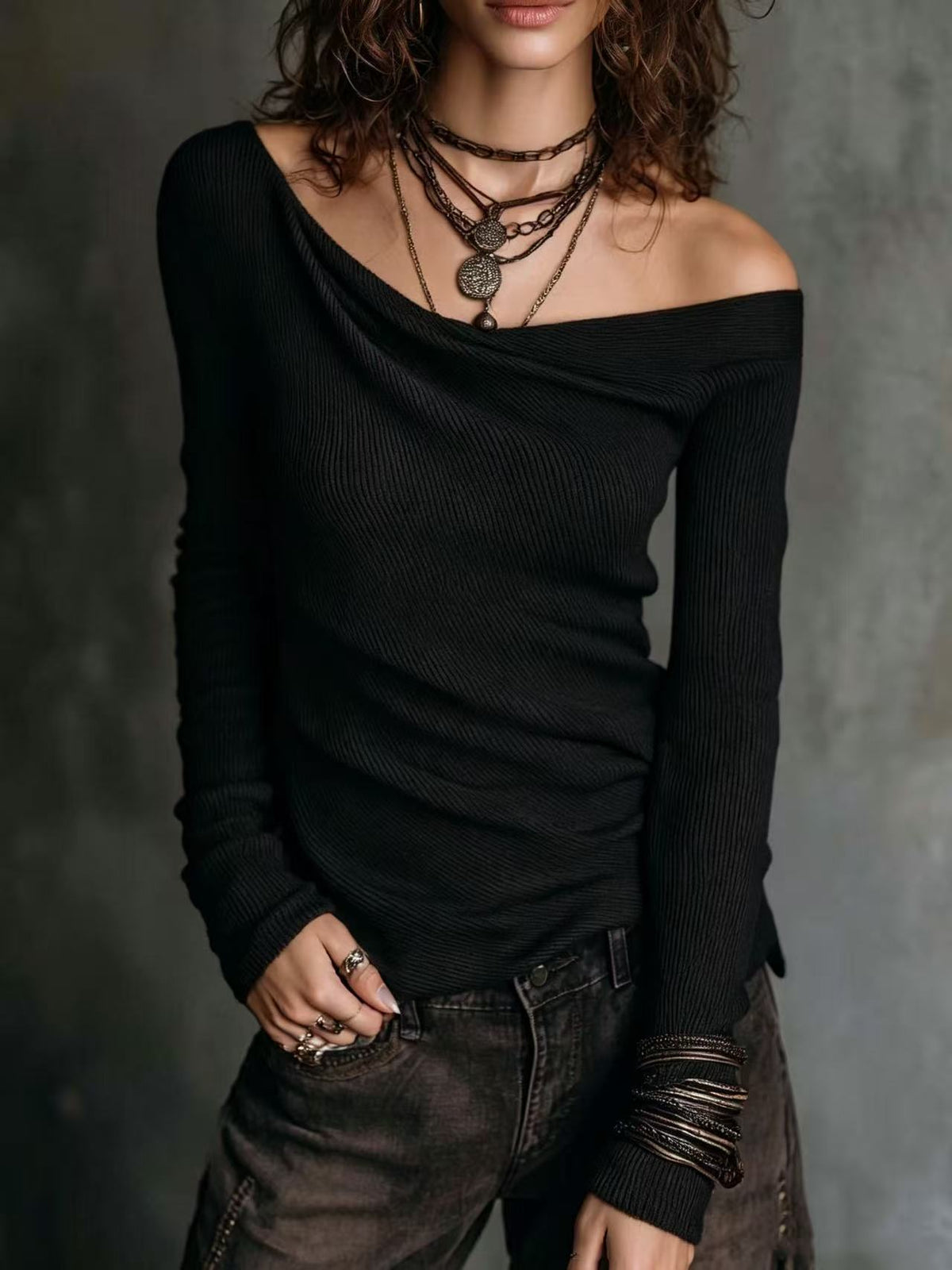 Vintage Elegant Knitted Off-the-shoulder Shirt