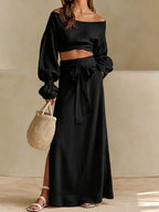 Linen?Blend Off?Shoulder Crop Top & Tie?Waist Slit Maxi Skirt Two?Piece Set