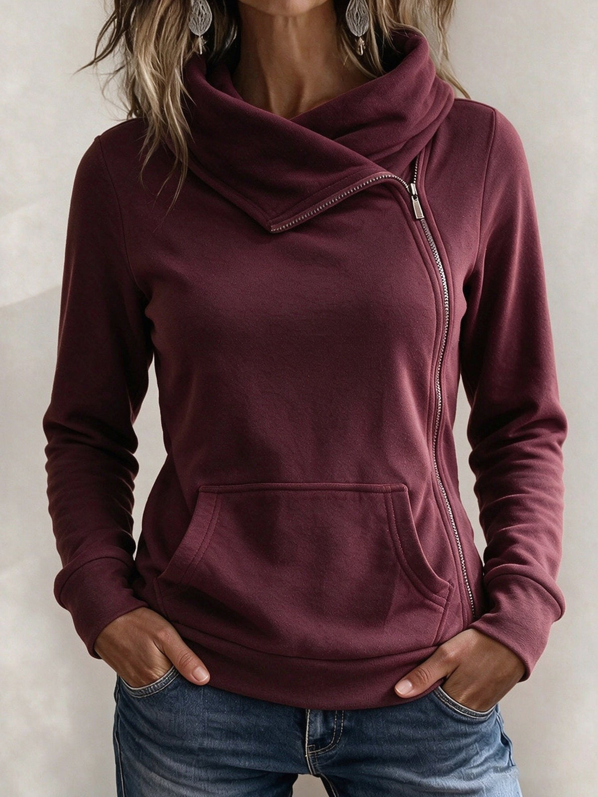 Draped Neck Zip Hoodie with Pocket