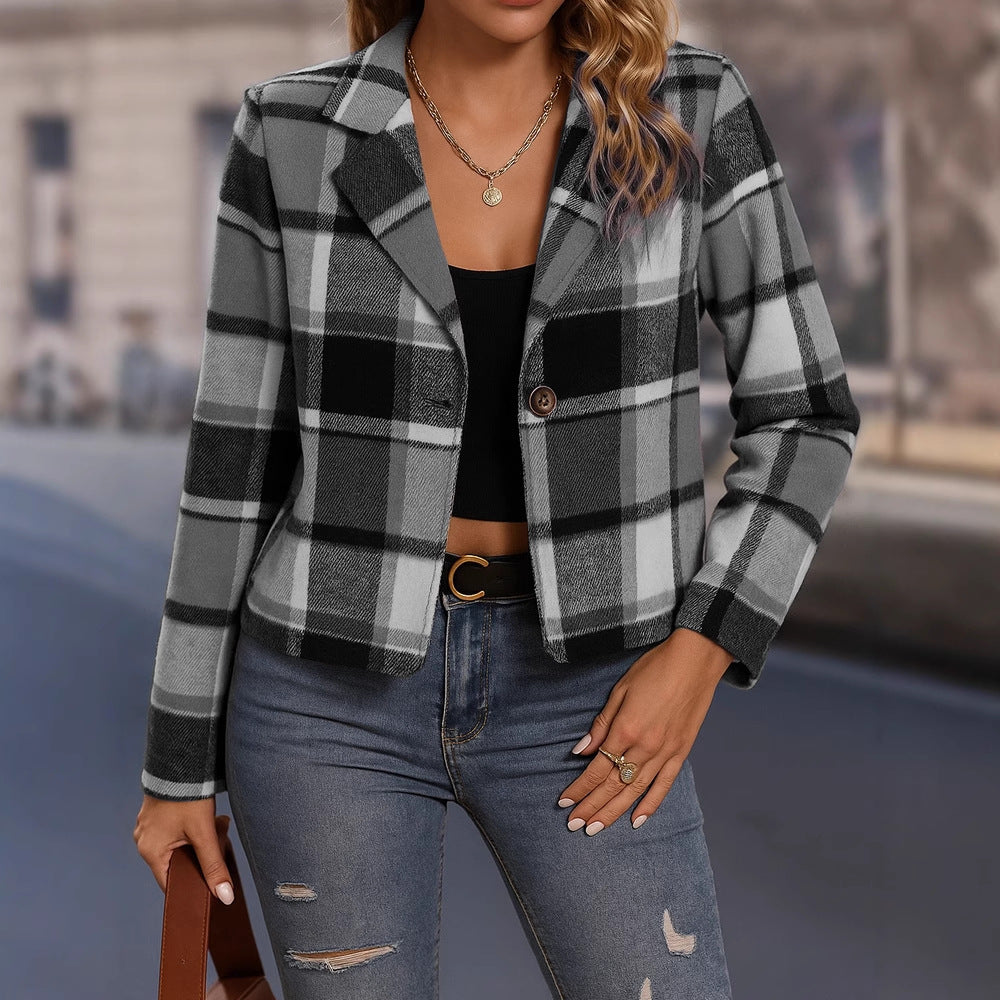 Lapel Plaid Cropped Blazer Jacket, Single Button Long Sleeve Casual Outerwear With Patch Pockets For Fall Daily Outfit