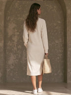 Cream Ribbed Knit Crew?Neck Raglan Sleeve Side?Slit Midi Sweatshirt Dress