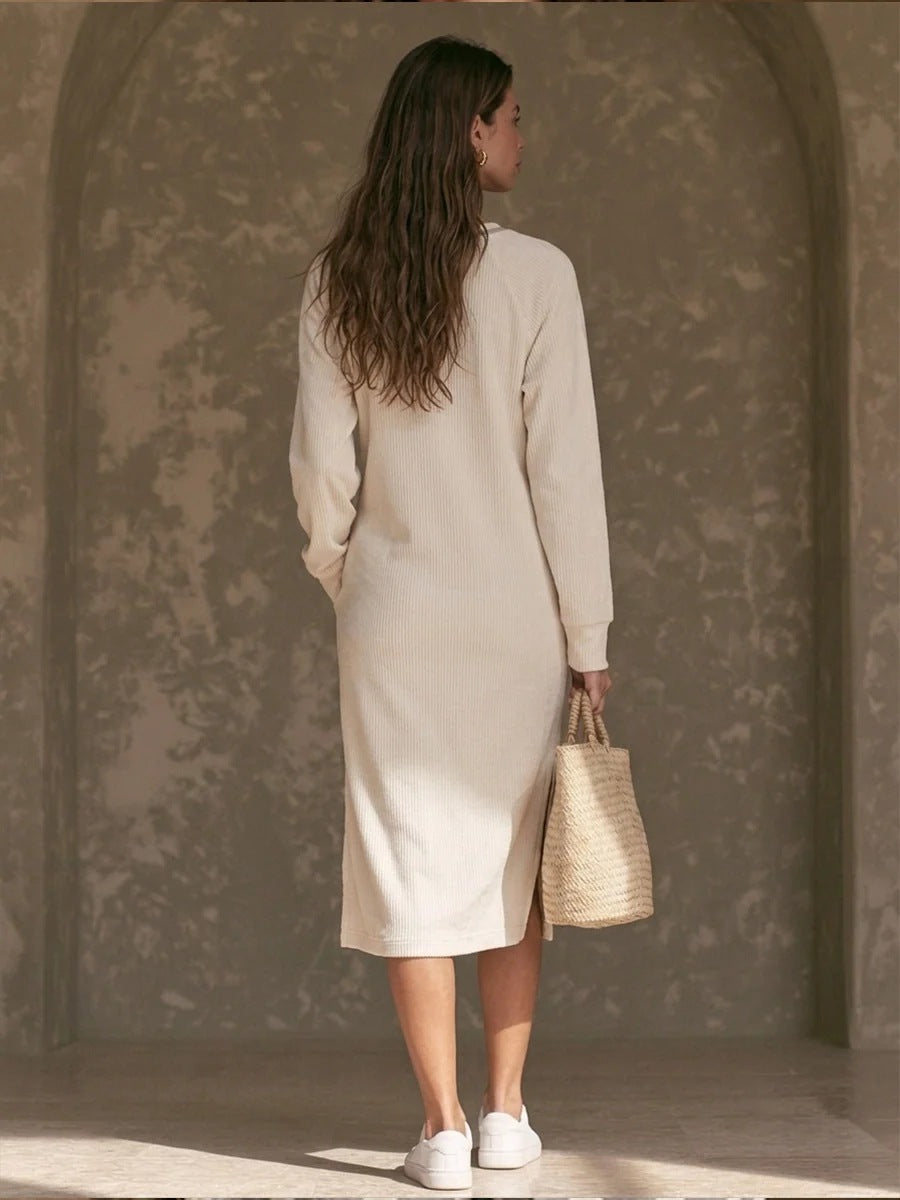 Cream Ribbed Knit Crew?Neck Raglan Sleeve Side?Slit Midi Sweatshirt Dress