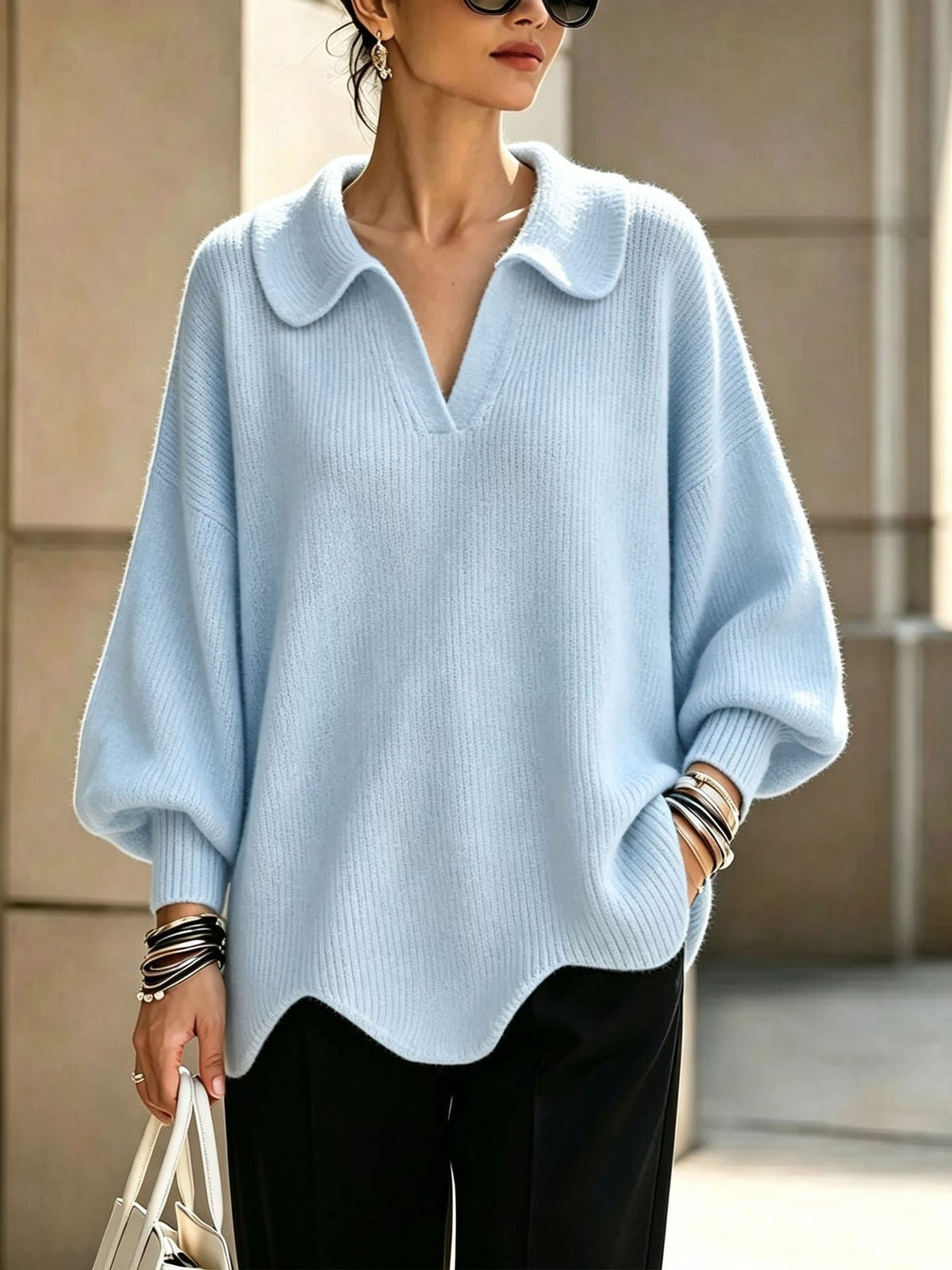 Peter Pan Collar V-Notch Oversized Rib Knit Sweater