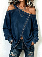 Off-Shoulder Denim Top with Asymmetric Zipper