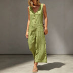 Buttoned Cotton And Linen Sleeveless Casual Wide-Leg Loose Jumpsuit With Pockets