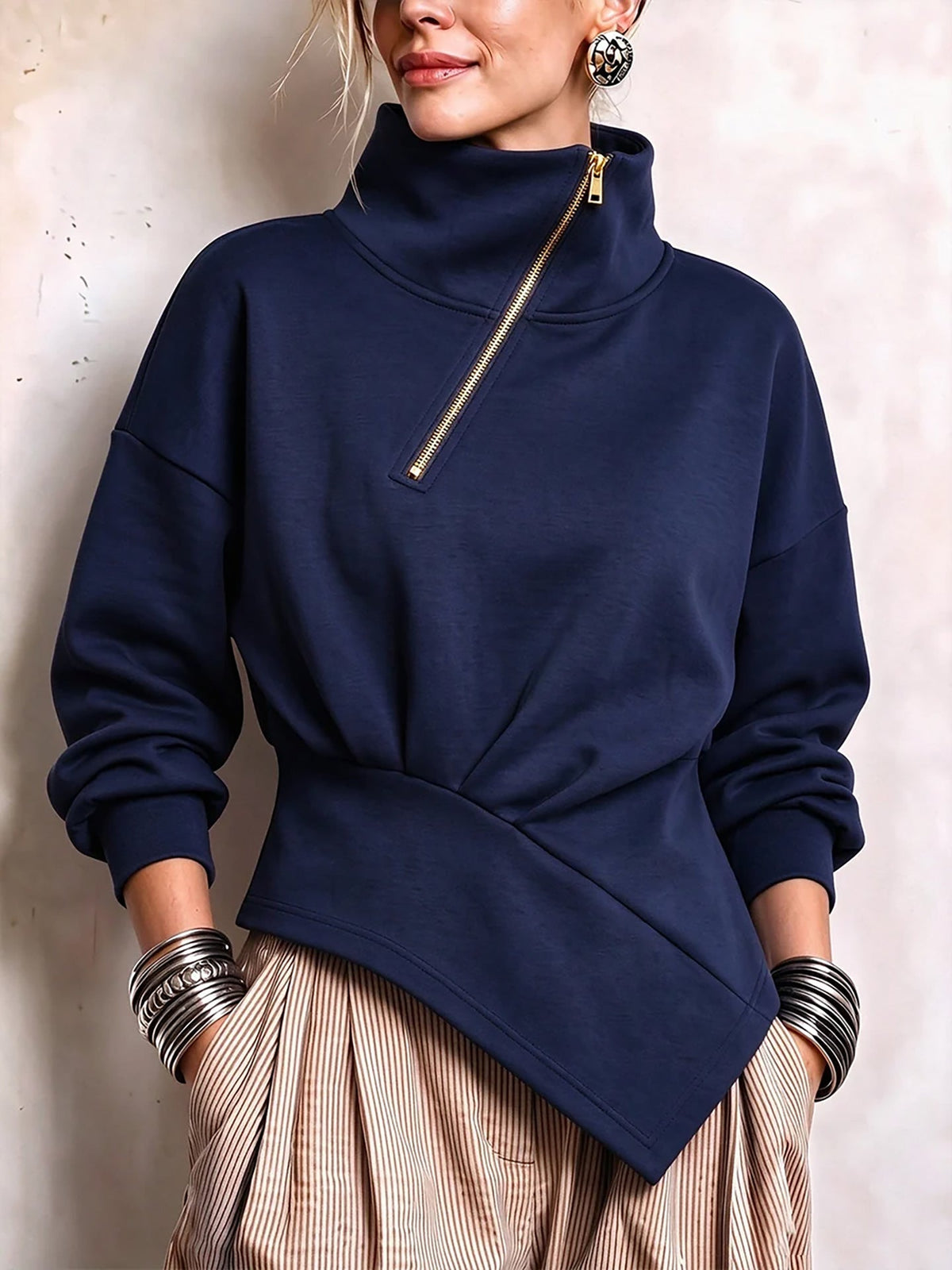 Zip-Neck Sweatshirt with Asymmetric Hem