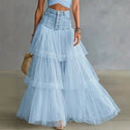 High Waist Button‑Front Denim Patchwork Tiered Tulle Maxi Skirt