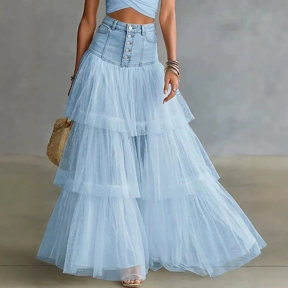 High Waist Button‑Front Denim Patchwork Tiered Tulle Maxi Skirt