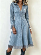Western Suede?Effect Fringe Button?Front Midi Dress - light blue / S