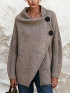 Oatmeal Chunky Knit Asymmetric Button Wrap Cardigan