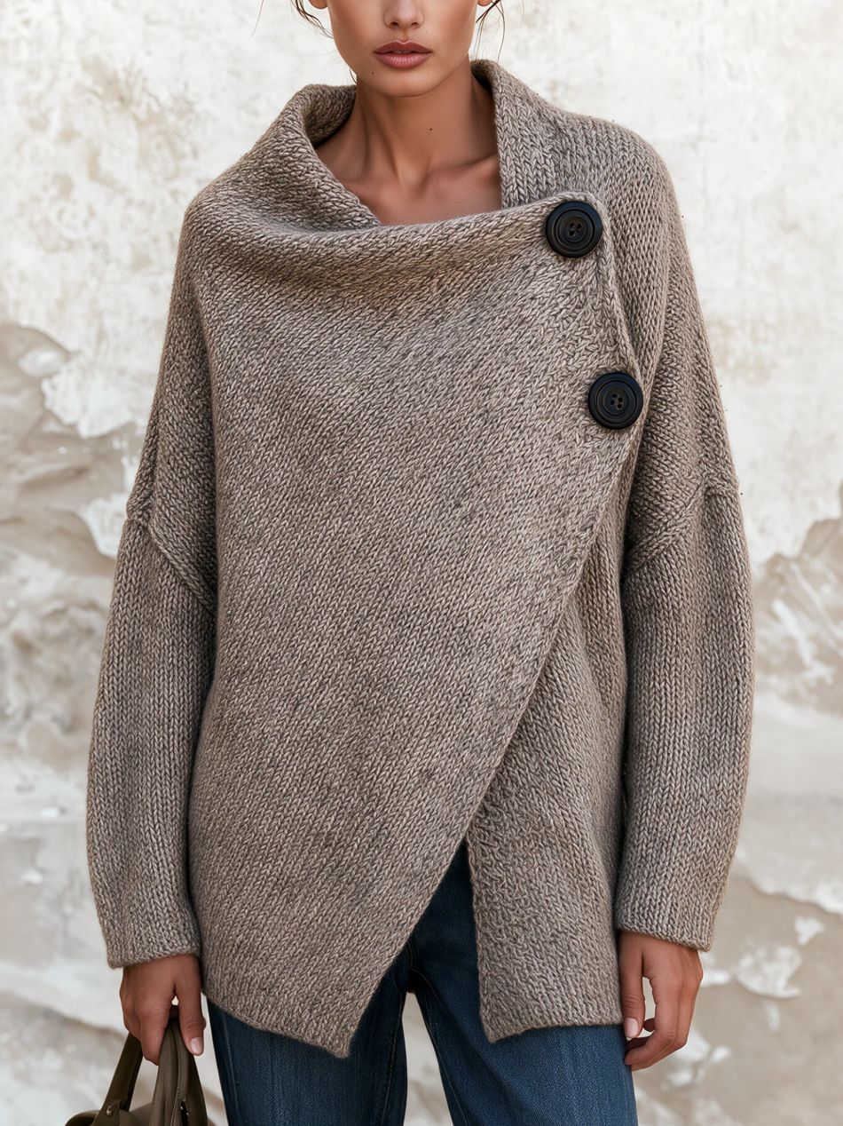 Oatmeal Chunky Knit Asymmetric Button Wrap Cardigan