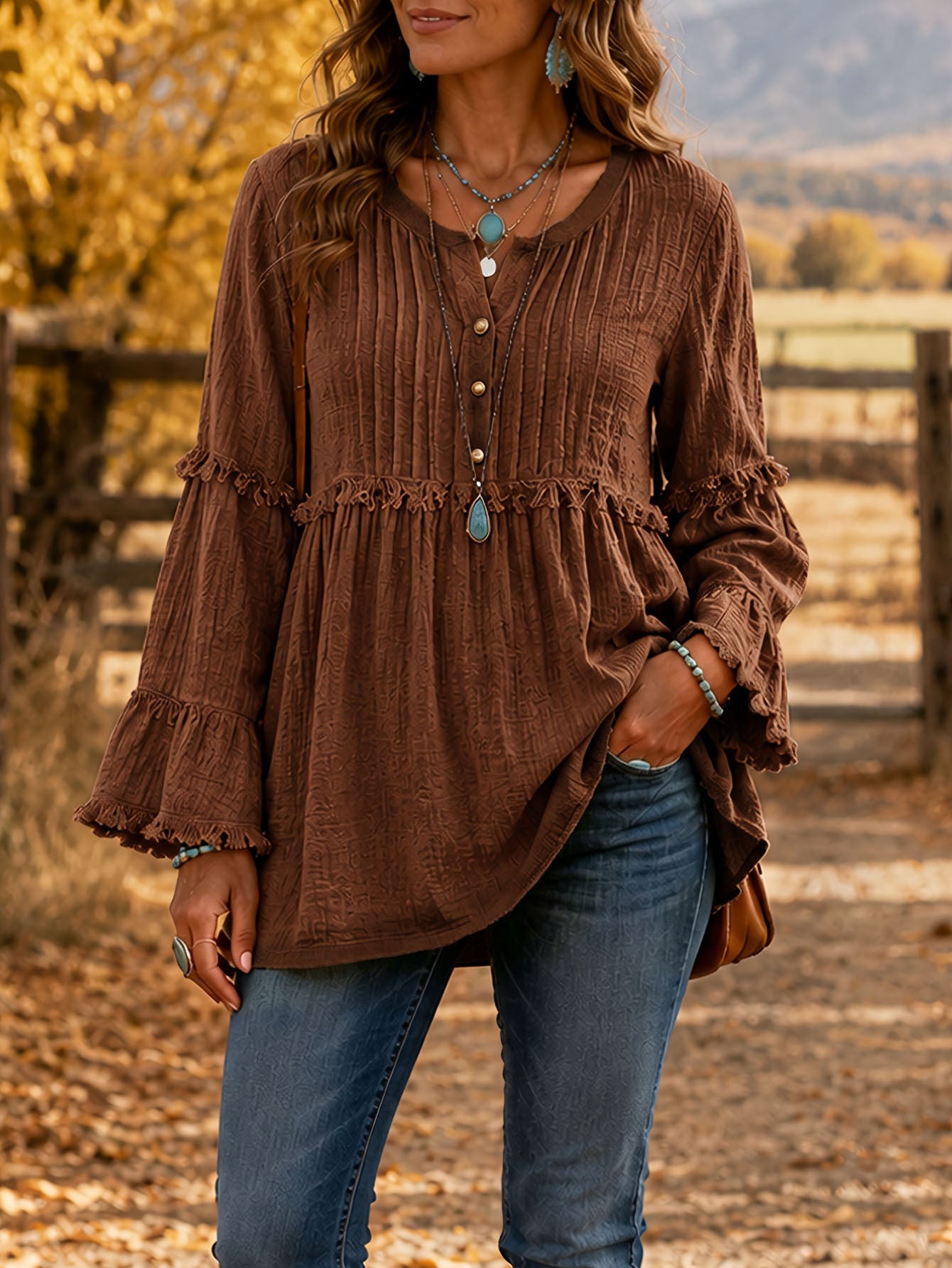 Boho Ruffle Bell Sleeve Tunic Casual  Blouse