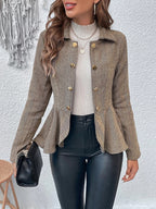 Herringbone Peplum Button?Front Collared Jacket