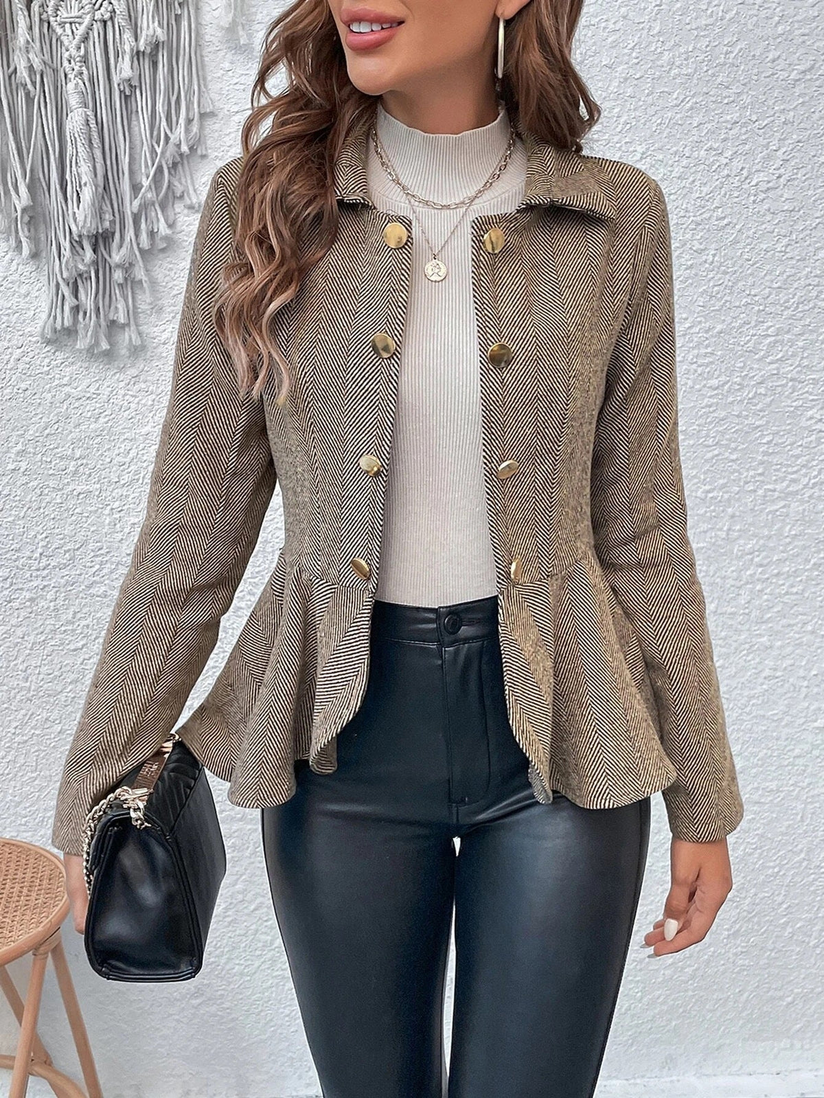 Herringbone Peplum Button?Front Collared Jacket