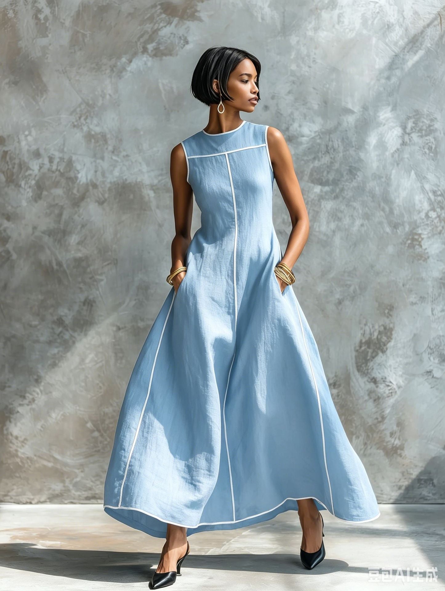 Contrast Stitching Sleeveless Linen Maxi Dress