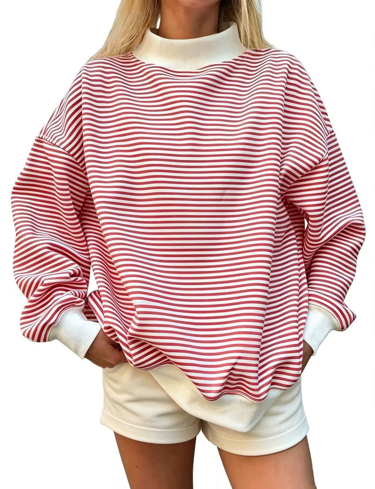 Oversized Striped Mock Neck Sweatshirt