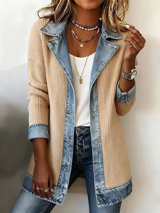Women's Faux‑Layer Denim Trim Ribbed Open‑Front Cardigan