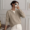 Henley Button Notch Neck Drop‑Shoulder Long Sleeve Knit Sweater