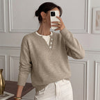 Henley Button Notch Neck Drop‑Shoulder Long Sleeve Knit Sweater