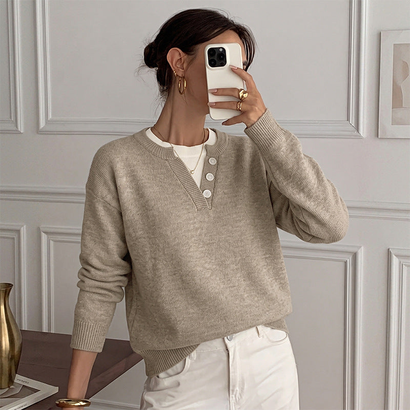 Henley Button Notch Neck Drop‑Shoulder Long Sleeve Knit Sweater
