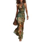 Boho Floral Halter Mesh Maxi Dress