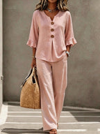 Light Blue V Neck Ruffle Sleeve Linen Two-Piece Wide Leg Pants Set