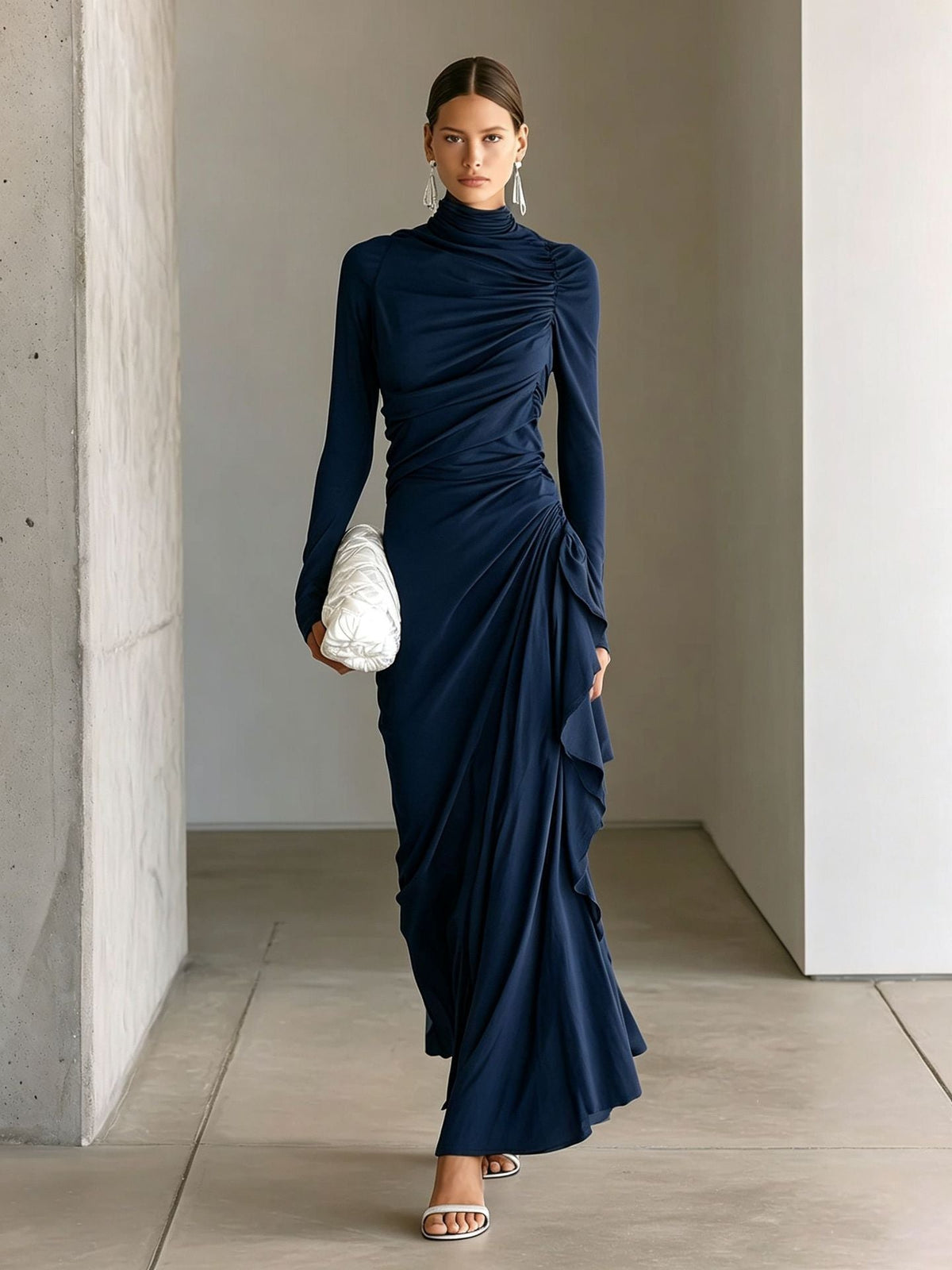 Turtleneck Ruched Side?Ruffle Long?Sleeve Maxi Dress