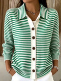 Women's Green?White Stripe Collared Button Front Knit Cardigan