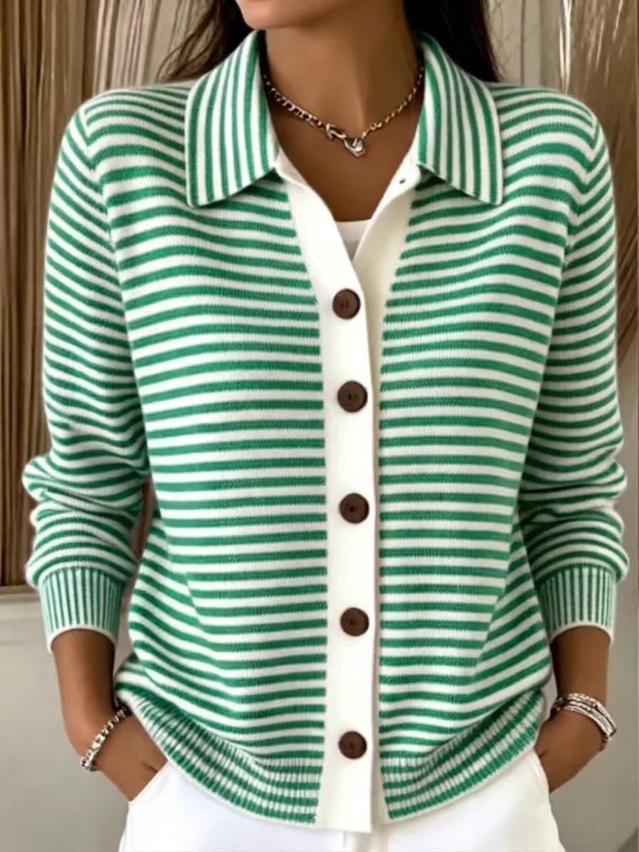 Women's Green?White Stripe Collared Button Front Knit Cardigan