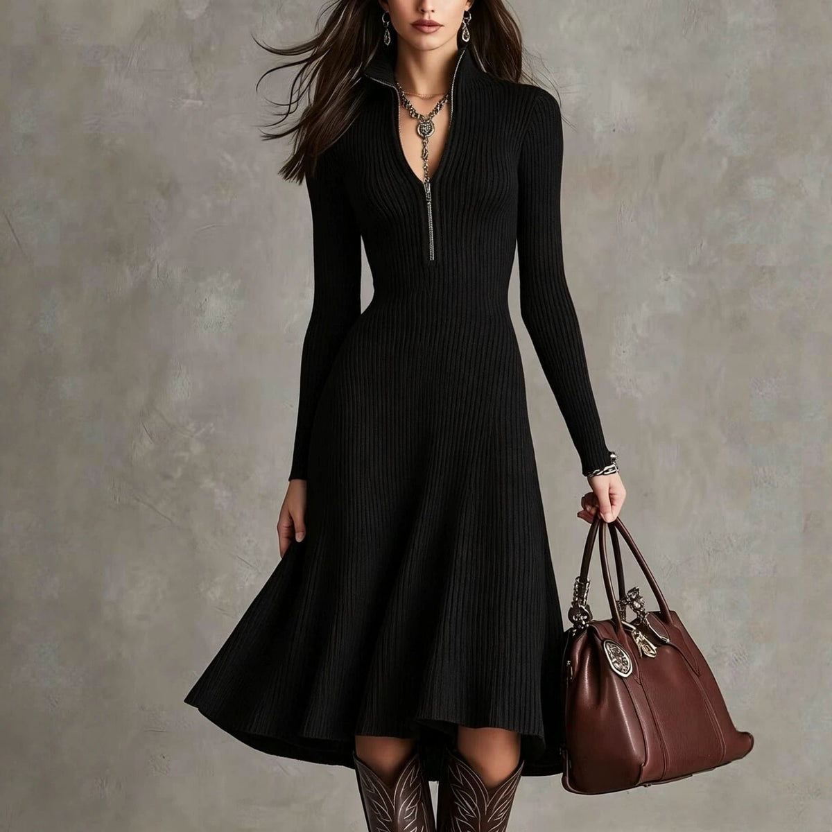 Half?Zip Ribbed Knit Fit?and?Flare Midi Sweater Dress