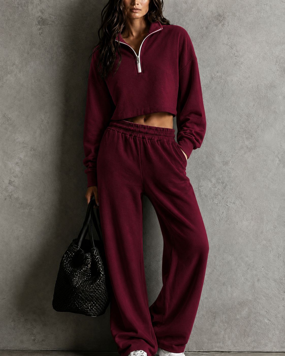 Half?Zip Cropped Sweatshirt & Wide?Leg Sweatpants Two?Piece Set