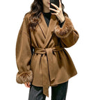 Cozy Belted Wrap Coat with Plush Fur Cuffs