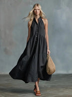 Sleeveless Casual Loose Linen Button Vest Dress