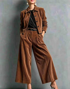 Corduroy Lapel Crop Jacket & High Waist Wide Leg Pants 2 Piece Outfit