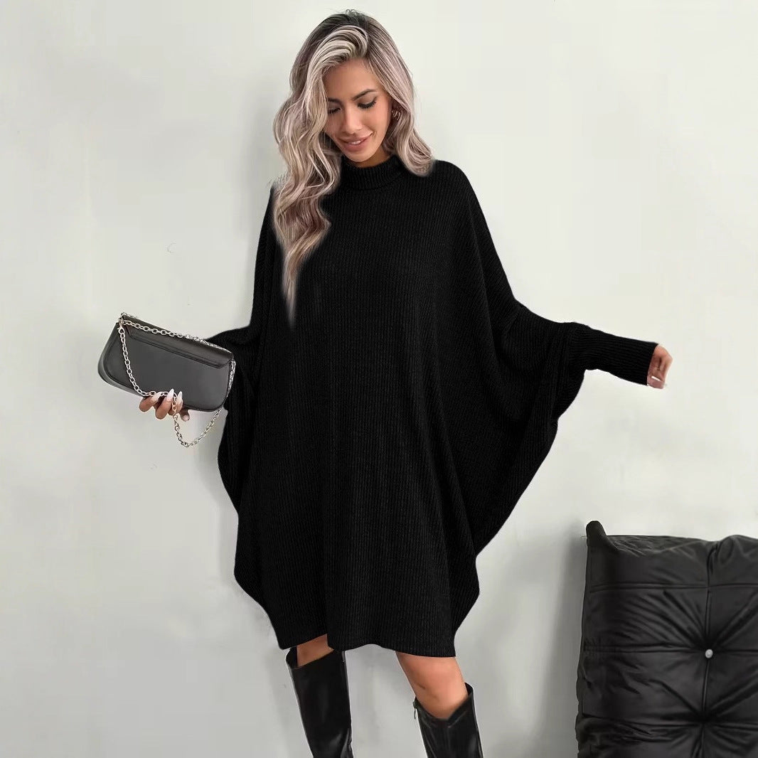 Women's Mock Neck Batwing Long Sleeve Ribbed Knit Mini Dress