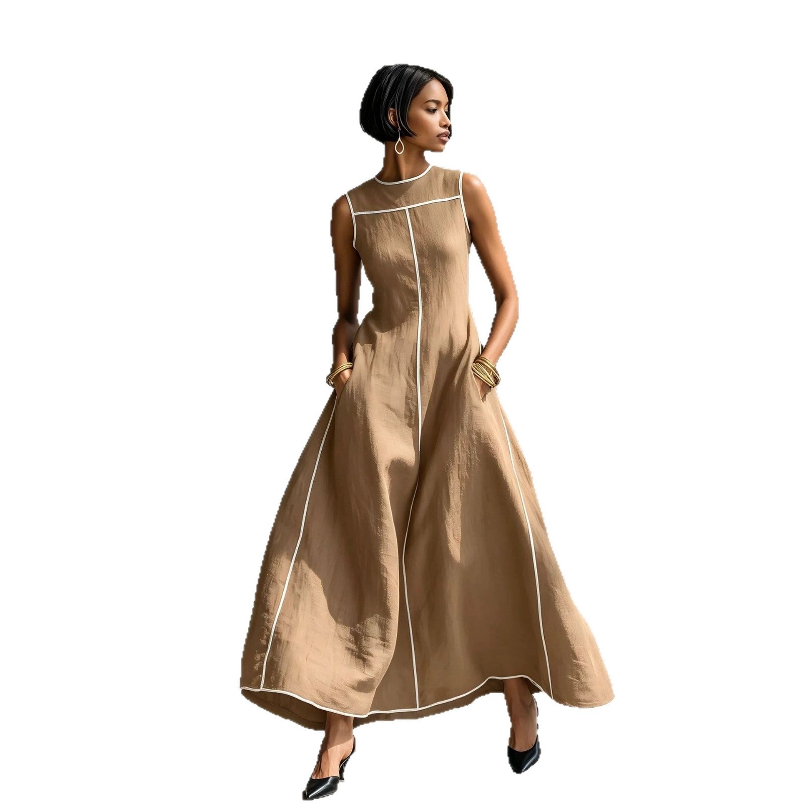 Contrast Stitching Sleeveless Linen Maxi Dress