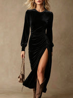 Velvet Ruched Side?Slit Long?Sleeve Midi Dress